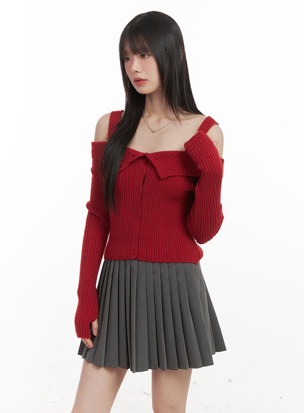 Ribbed Button-Down Off-Shoulder Sweater CJ528