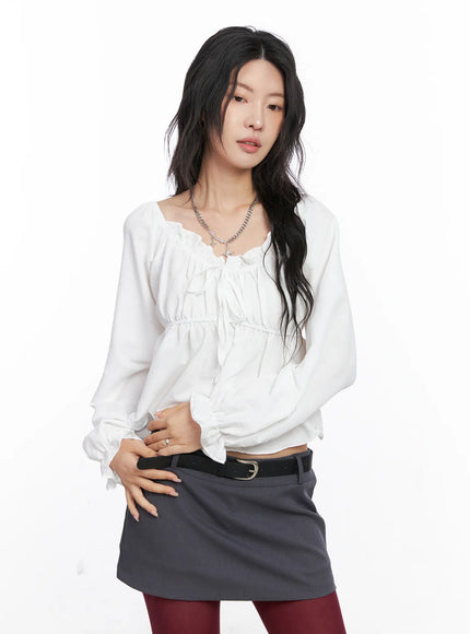 off-shoulder-shirred-ribbon-blouse-co508 / White