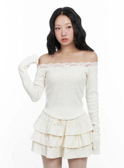off-shoulder-lace-long-sleeve-top-cn514 / White