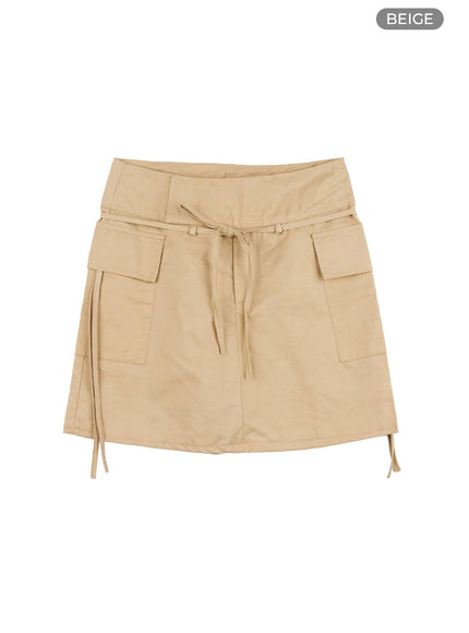 pocket-strap-solid-mini-skirt-ol408 / Beige