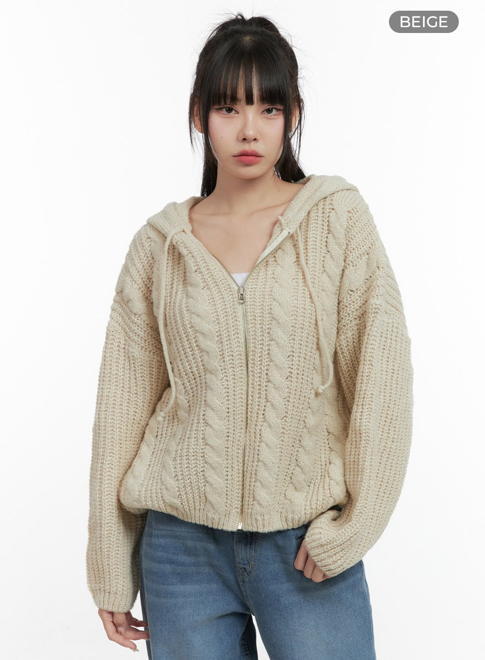 oversized-cable-knit-hooded-sweater-os410 / Beige