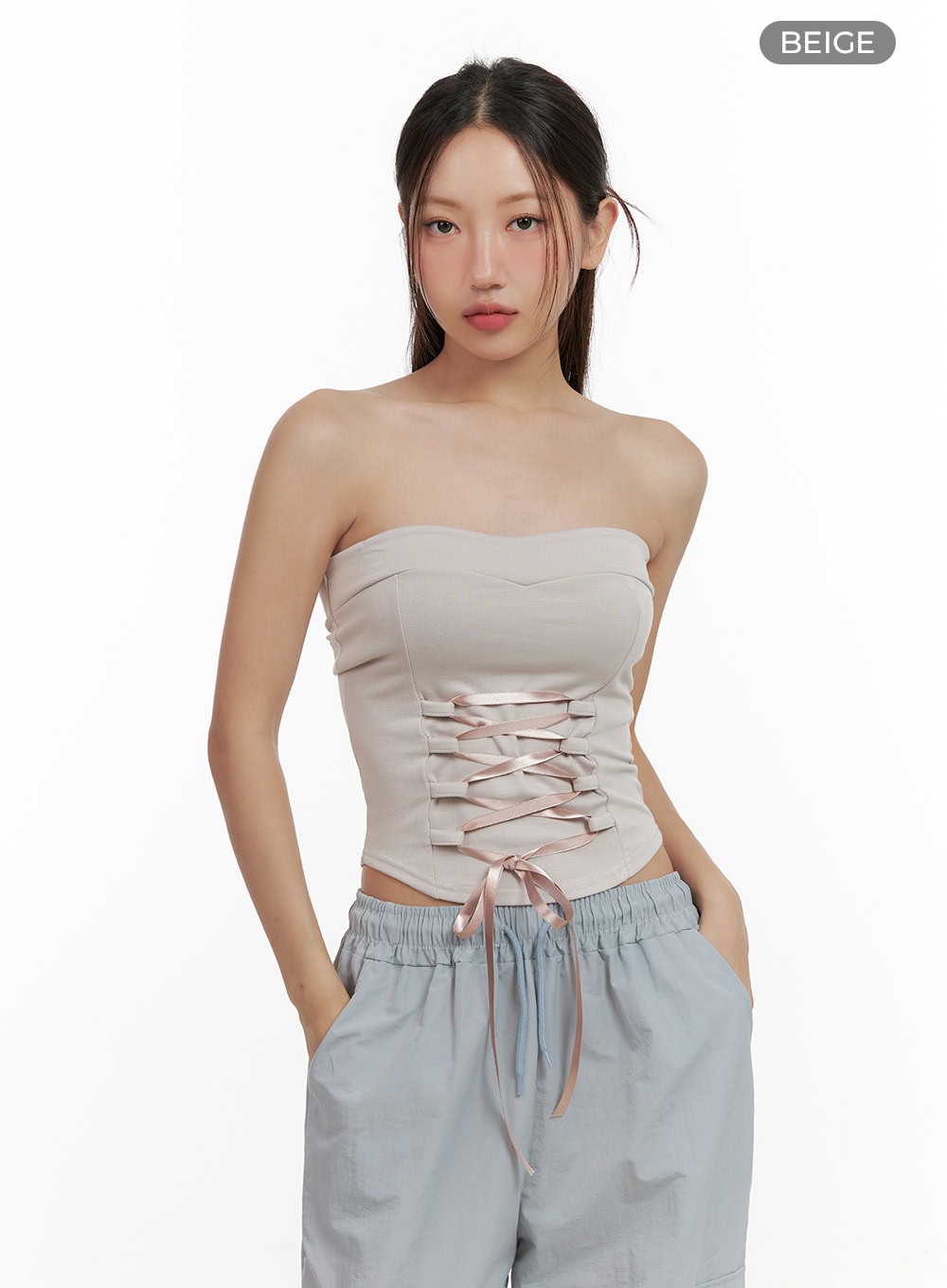 ribbon-x-strap-tube-top-cl431 / Beige