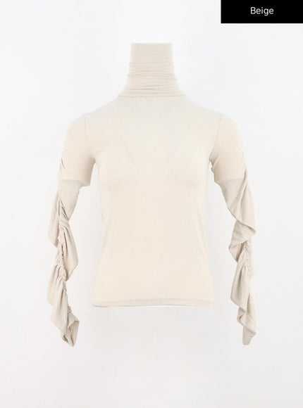 shirring-sleeve-turtleneck-top-cn307 / Beige