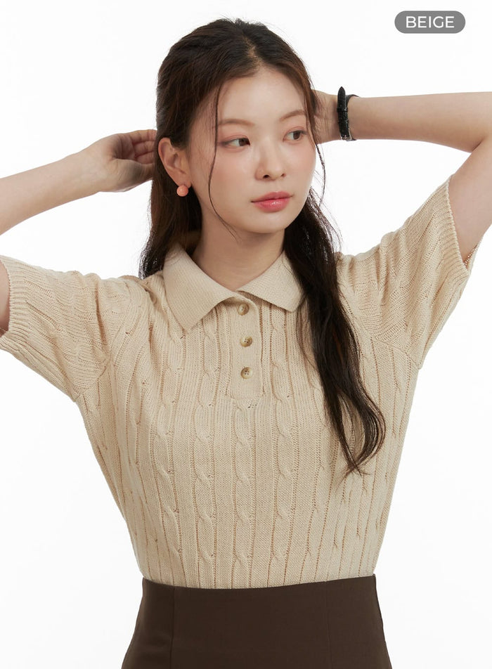 cable-knit-short-sleeve-top-ou413 / Beige