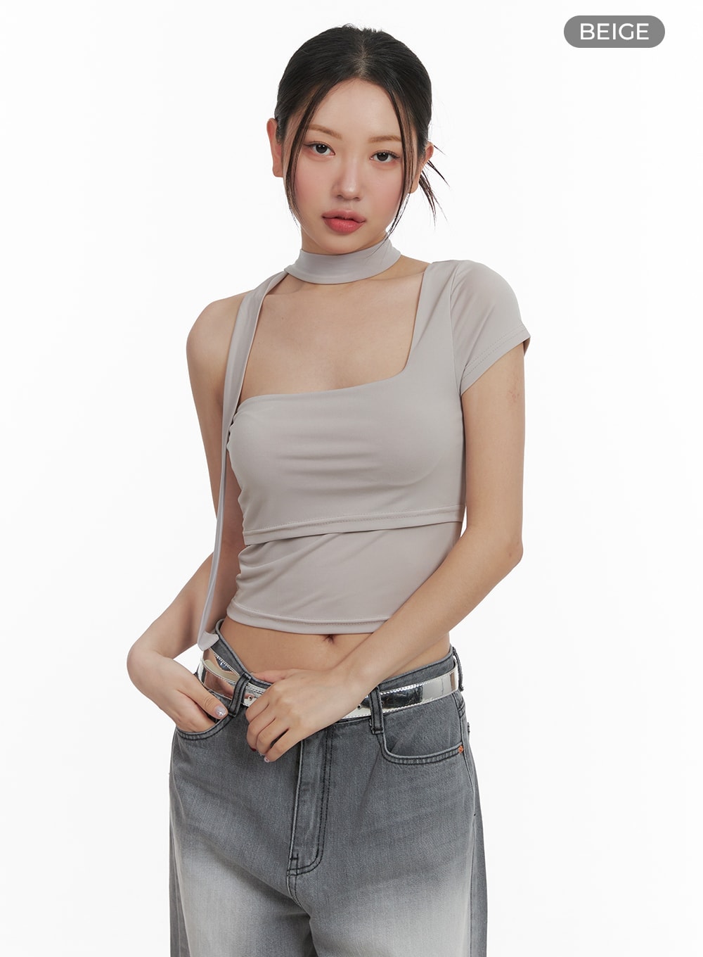 one-shoulder-crop-tee-with-thin-scarf-ca416 / Beige