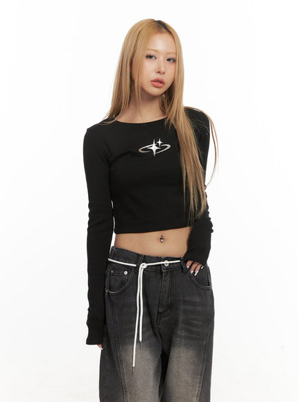 Graphic Star Long Sleeve Crop Top CJ508