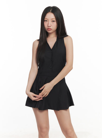 stripe-pleated-halter-neck-dress-ca518 / Black