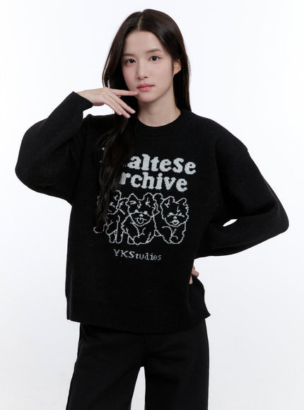 puppy-graphic-print-sweater-on418 / Black