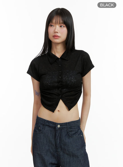 solid-mesh-crop-collar-blouse-cl403 / Black