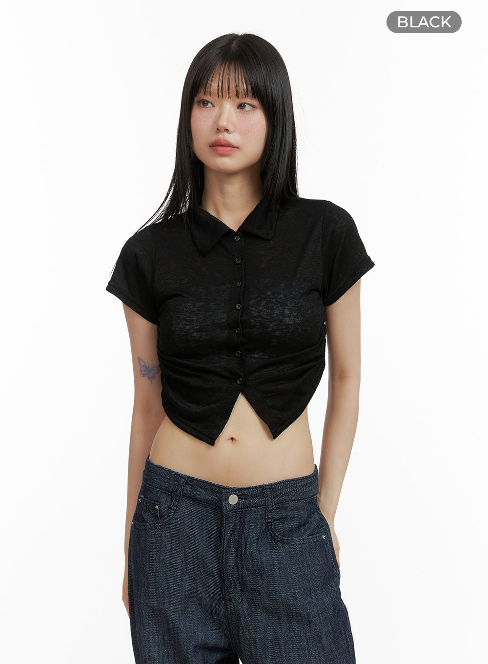 solid-mesh-crop-collar-blouse-cl403 / Black