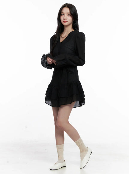 sheer-ruffle-mini-dress-co523 / Black