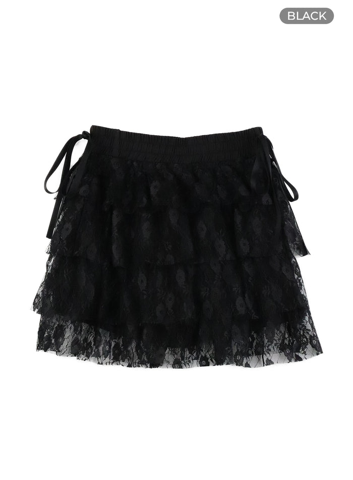 ruched-floral-lace-mini-skirt-oa419 / Black