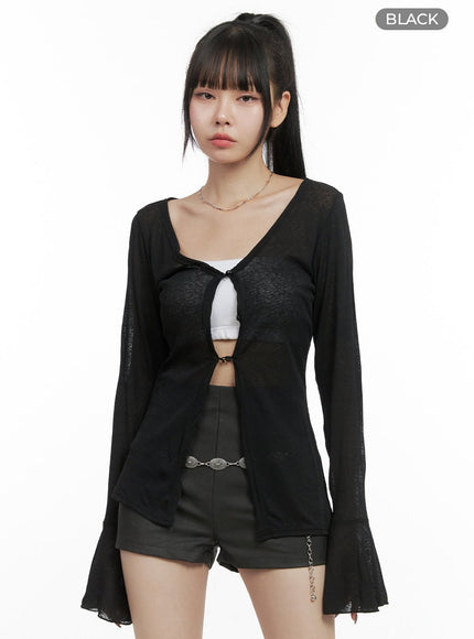 solid-see-through-button-long-cardigan-oo401 / Black