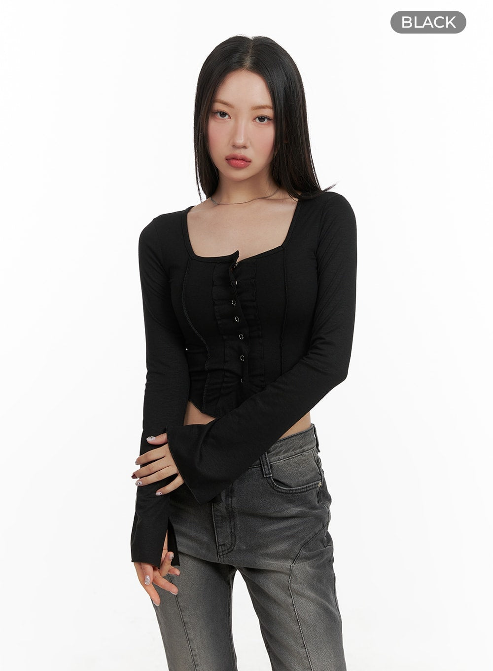 buttoned-square-neck-crop-top-ca415 / Black