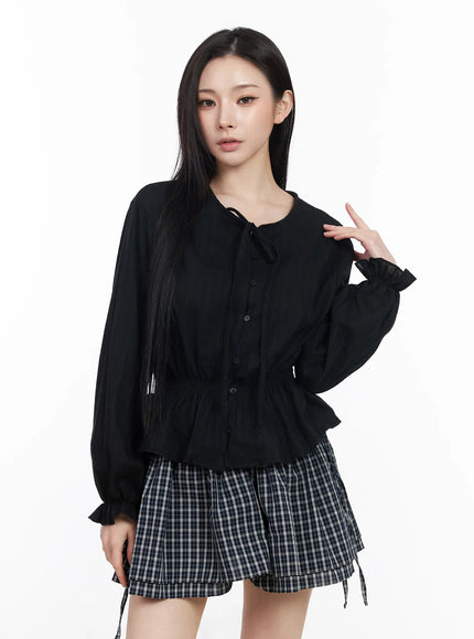 shirred-ribbon-blouse-cm519 / Black