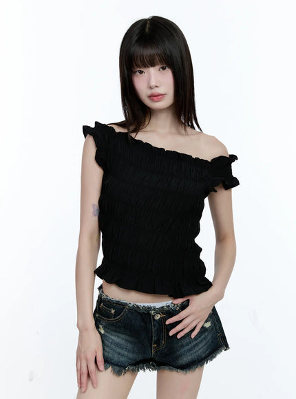 asymmetric-shirred-off-shoulder-top-cg507 / Black