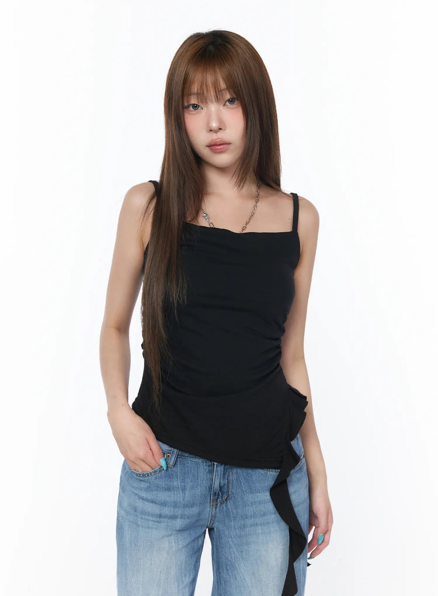 asymmetrical-ruched-sleeveless-top-cy529 / Black