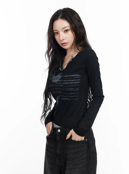 V-Neck Ribbed Graphic Long Sleeve Top CM519