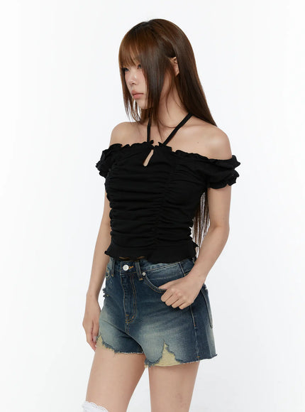 front-tie-ruched-off-shoulder-blouse-cy519 / Black