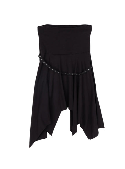 asymmetric-hem-belted-midi-skirt-cy518 / Black
