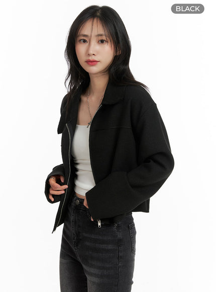 solid-collar-zipper-jacket-om408 / Black