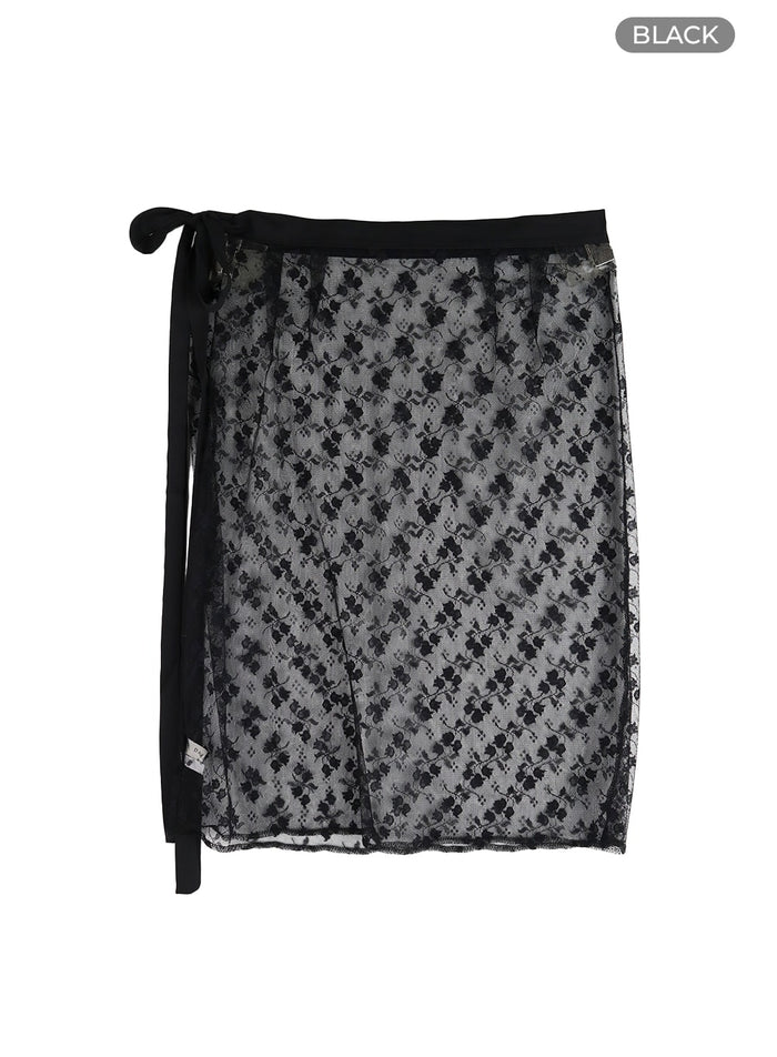 floral-laced-wrap-midi-skirt-cm406 / Black