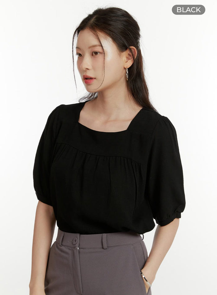 puff-sleeve-square-neck-blouse-shirt-ou419 / Black