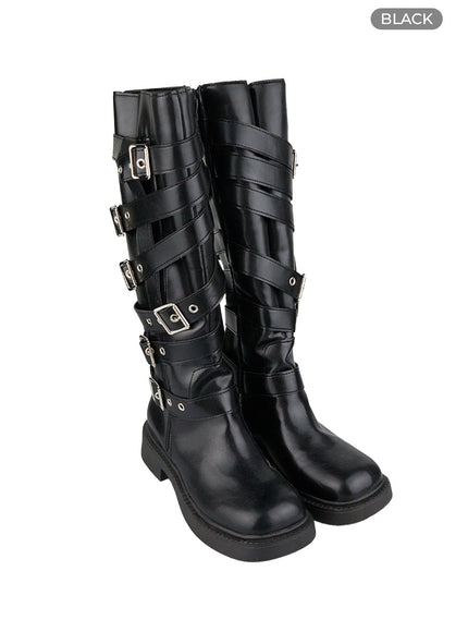 buckle-strap-faux-leather-long-boots-cg401 / Black