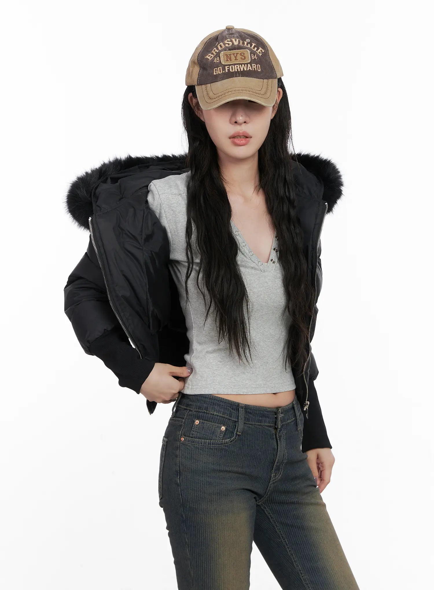 detachable-faux-fur-puffer-jacket-cn512 / Black