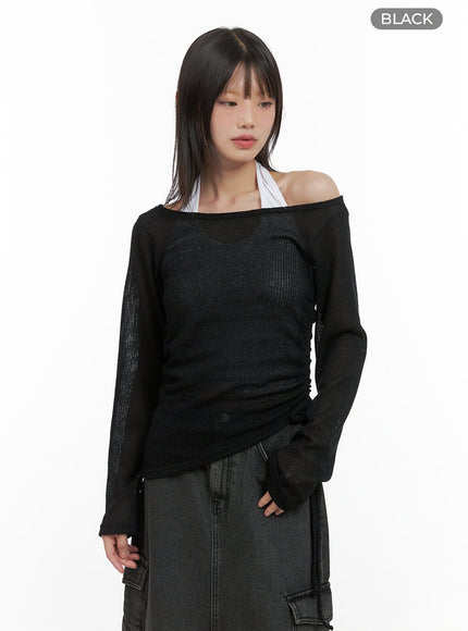 shirred-see-through-one-shoulder-top-cg426 / Black