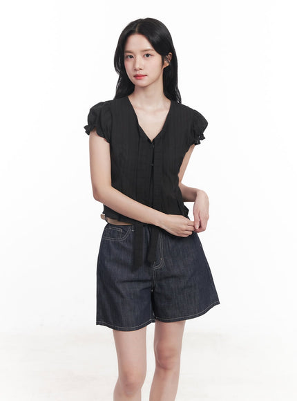 tie-puff-sleeve-crop-blouse-top-cy526 / Black