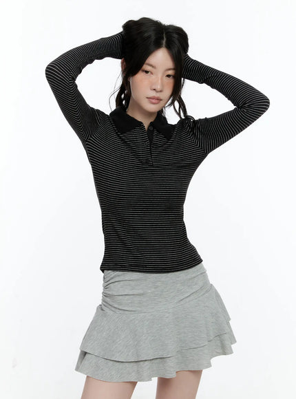striped-collar-long-sleeve-top-cn517 / Black