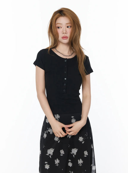 casual-ribbed-button-up-top-cy508 / Black