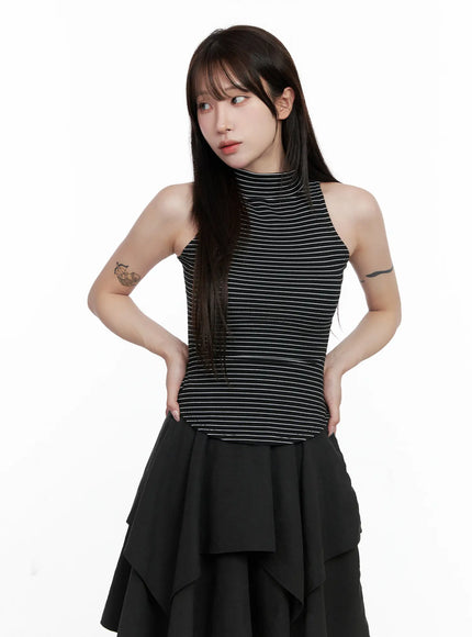 striped-high-neck-sleeveless-top-co521 / Black