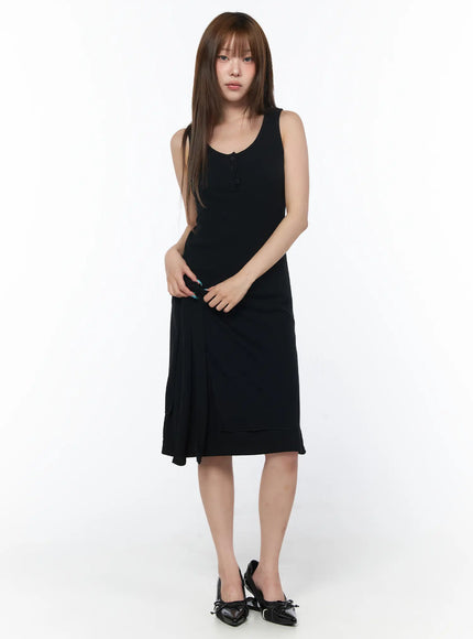casual-sleeveless-wrap-midi-dress-set-cy529 / Black
