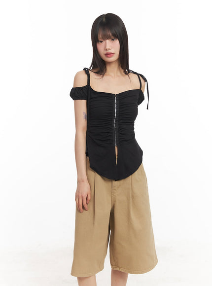 shirred-off-shoulder-puff-sleeve-top-ca523 / Black