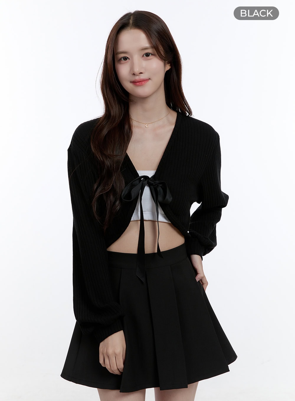 ribbon-strap-v-neck-crop-cardigan-oo407 / Black