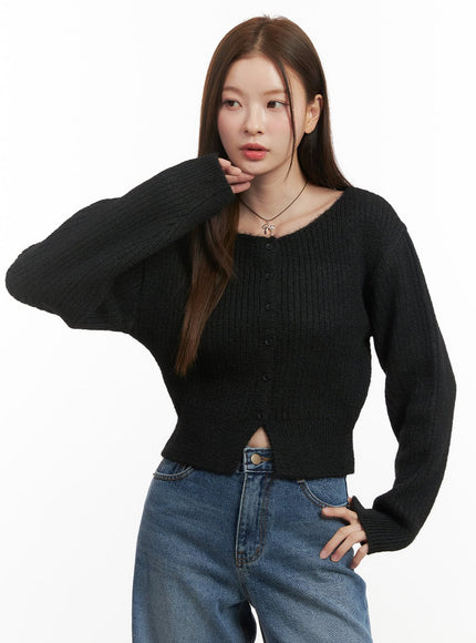 wool-blend-button-up-crop-sweater-od417 / Black