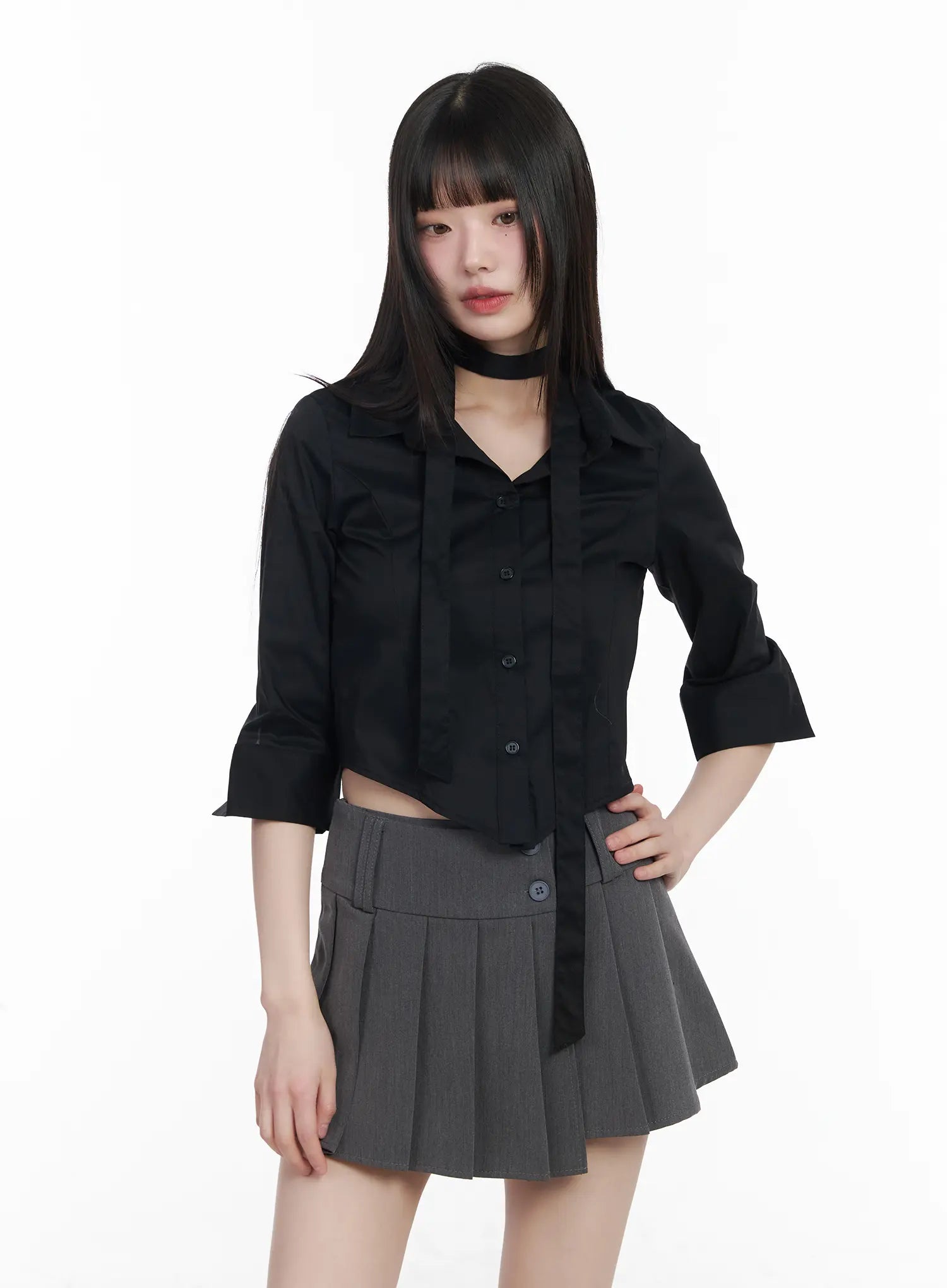 chic-cropped-blouse-scarf-set-cm525 / Black