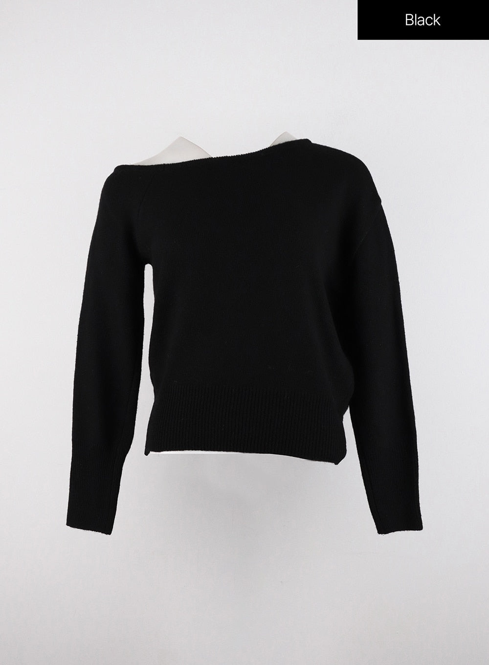 solid-asymmetrical-neck-long-sleeve-knit-top-od320 / Black