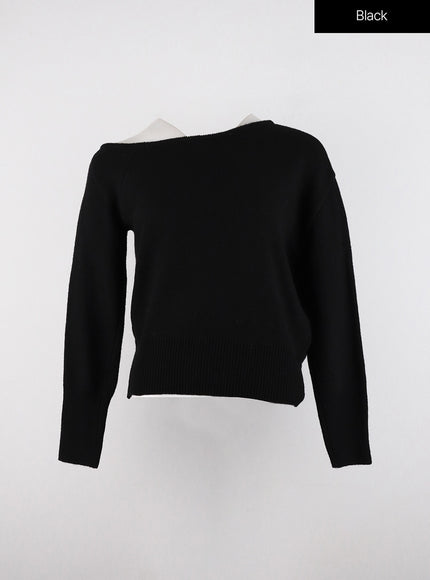 solid-asymmetrical-neck-long-sleeve-knit-top-od320 / Black