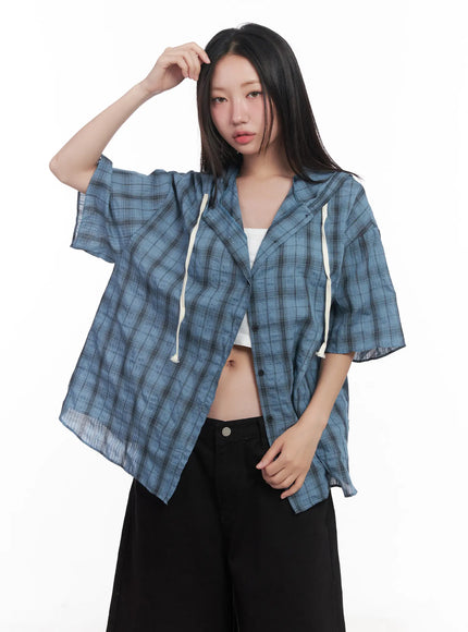 plaid-hooded-oversized-shirt-cu517 / Blue