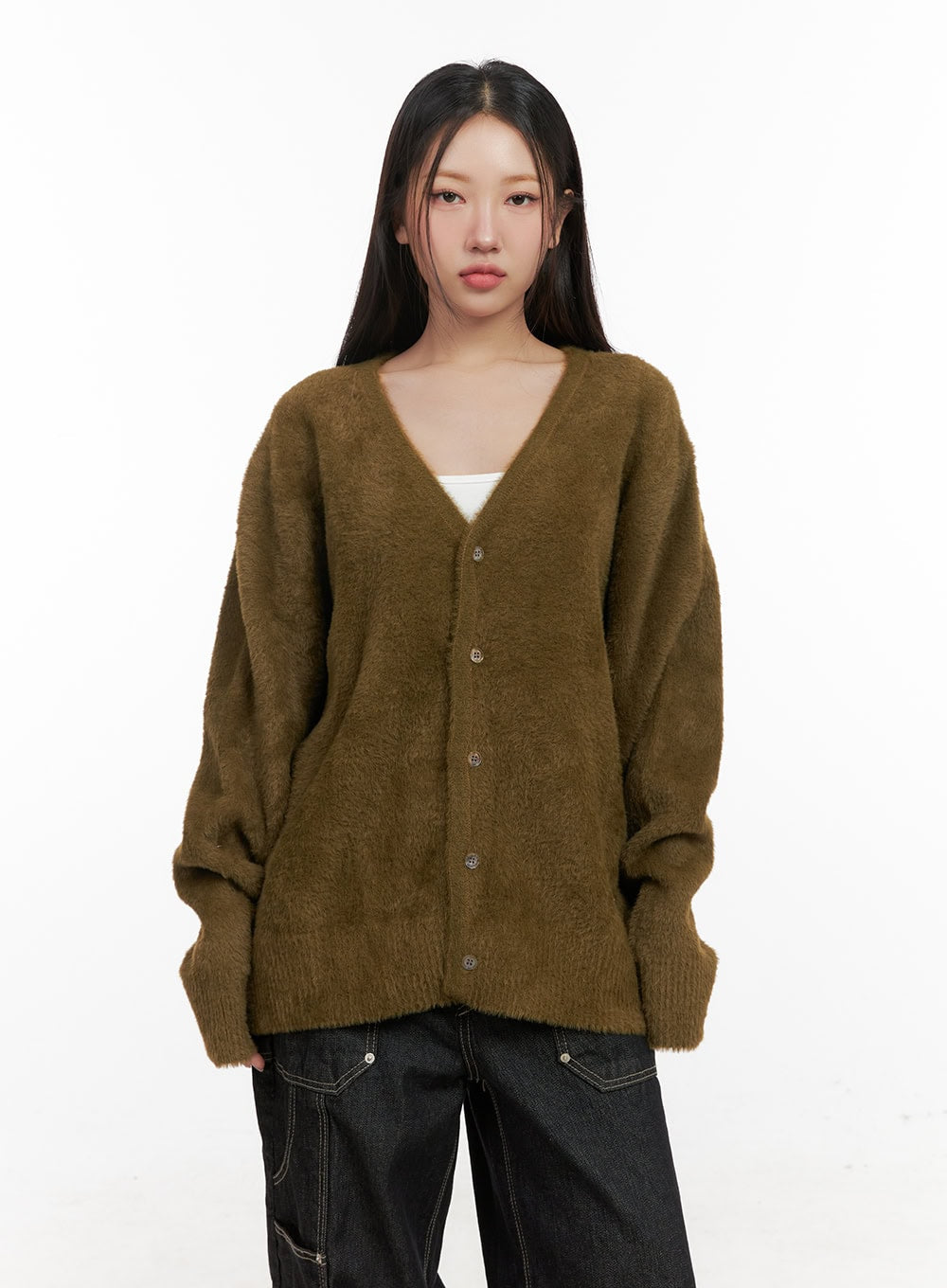 oversized-solid-knit-cardigan-cd411 / Brown