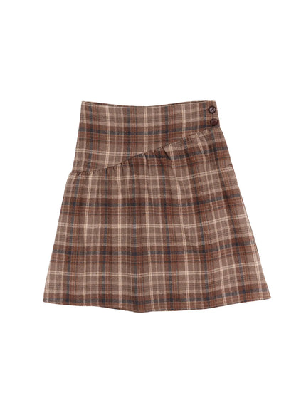 Plaid Button Detail Flare Midi Skirt CJ520