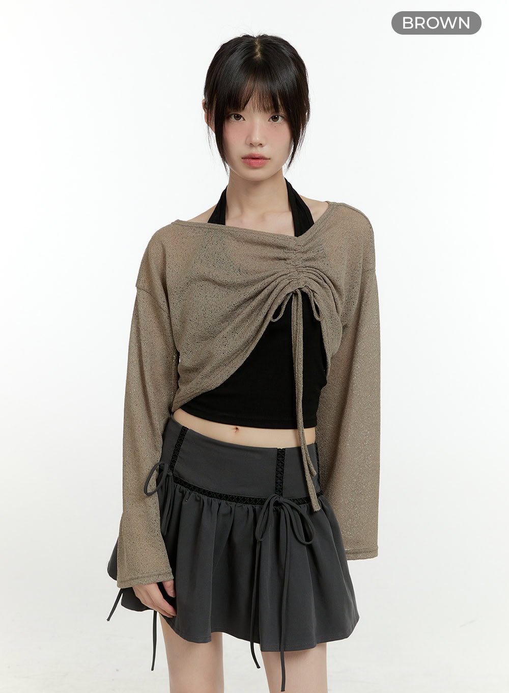 sheer-elegance-long-sleeve-crop-top-cg402 / Brown