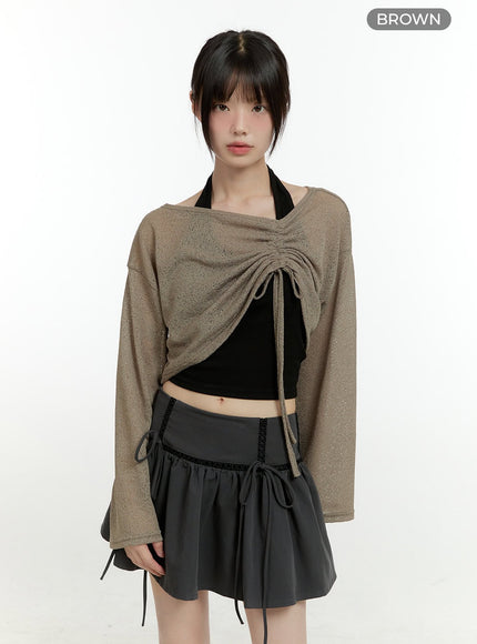 sheer-elegance-long-sleeve-crop-top-cg402 / Brown