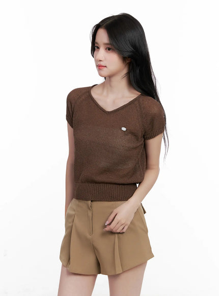 v-neck-knit-short-sleeve-top-cl515 / Brown