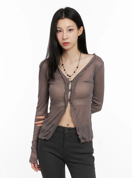 sheer-ruffle-long-sleeve-cardigan-cg522 / Dark beige