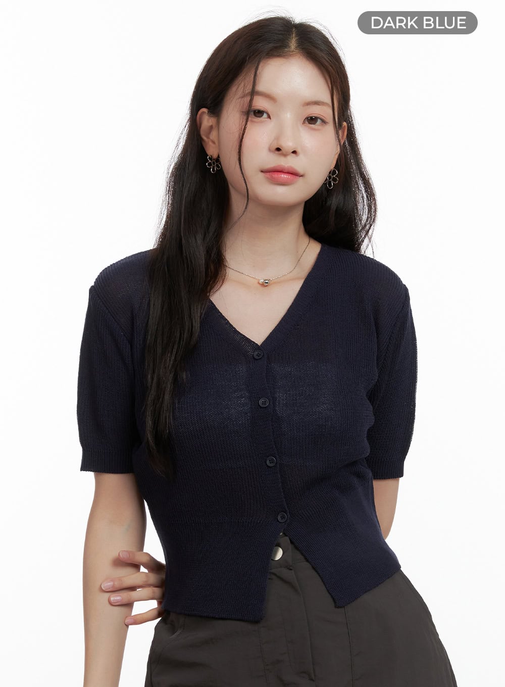 v-neck-mesh-cardigan-ol417 / Dark blue