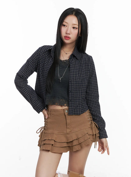 classic-check-print-cropped-blouse-cd530 / Dark blue